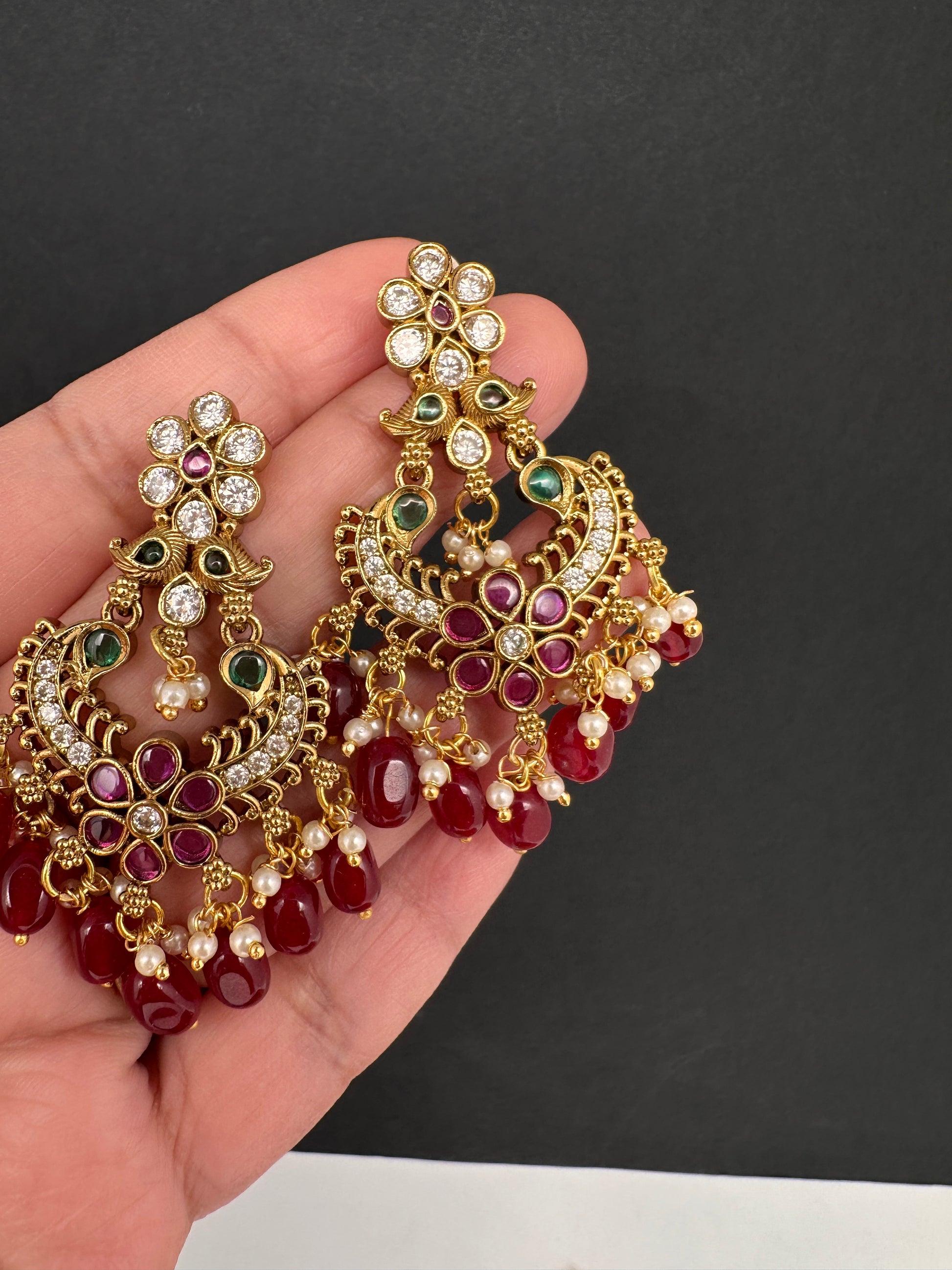 Matte CZ Red Traditional Chandballi Earrings - 