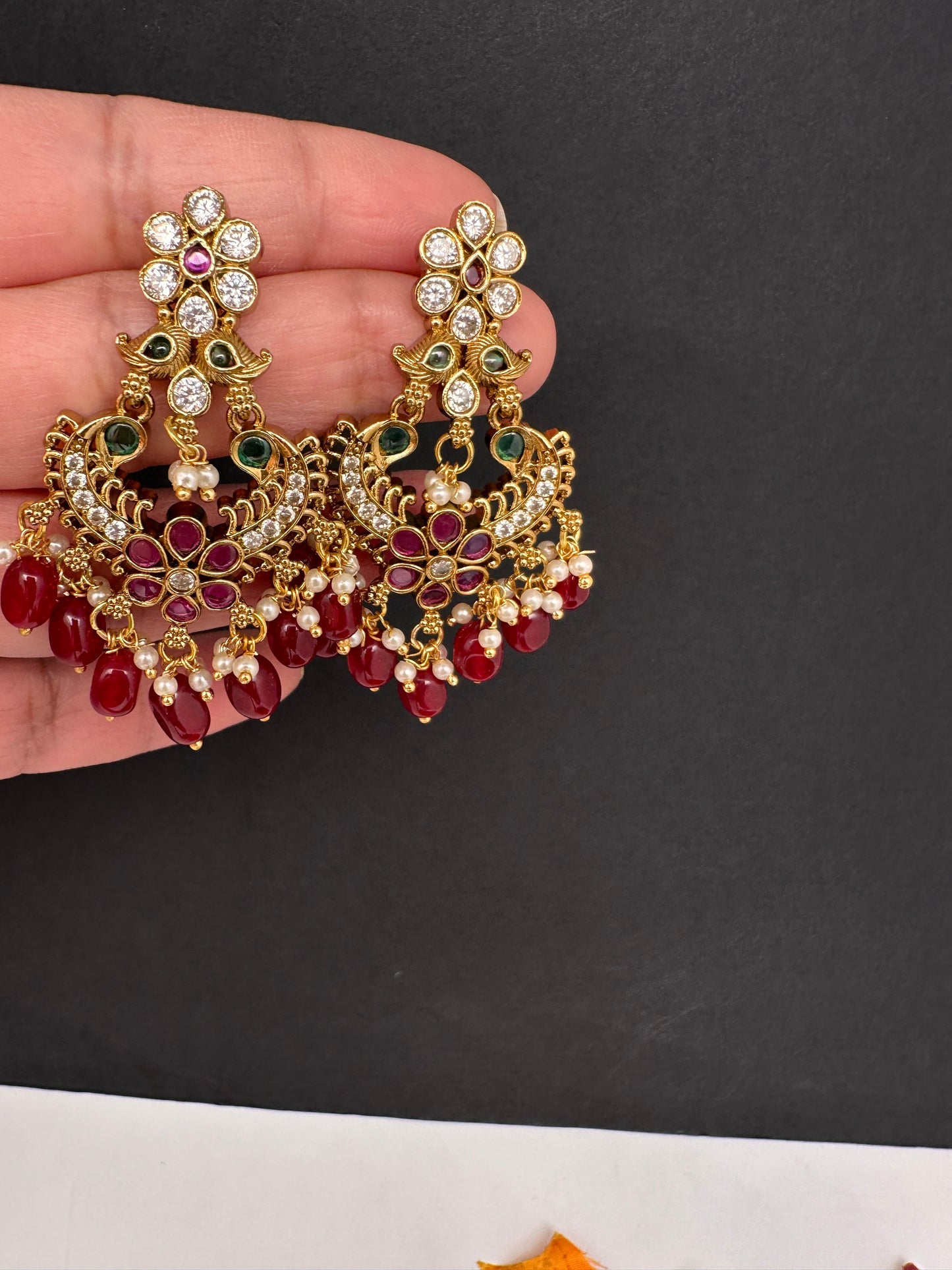 Matte CZ Red Traditional Chandballi Earrings - 