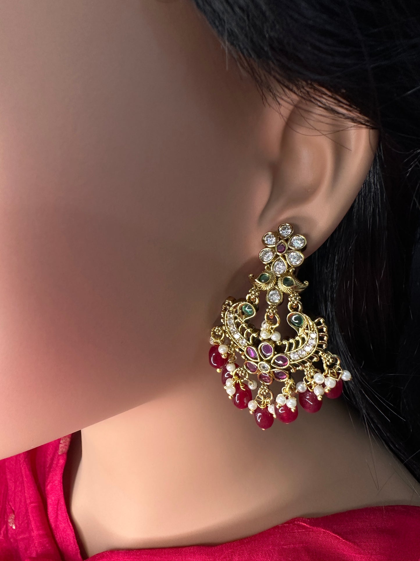 Matte CZ Red Traditional Chandballi Earrings - 