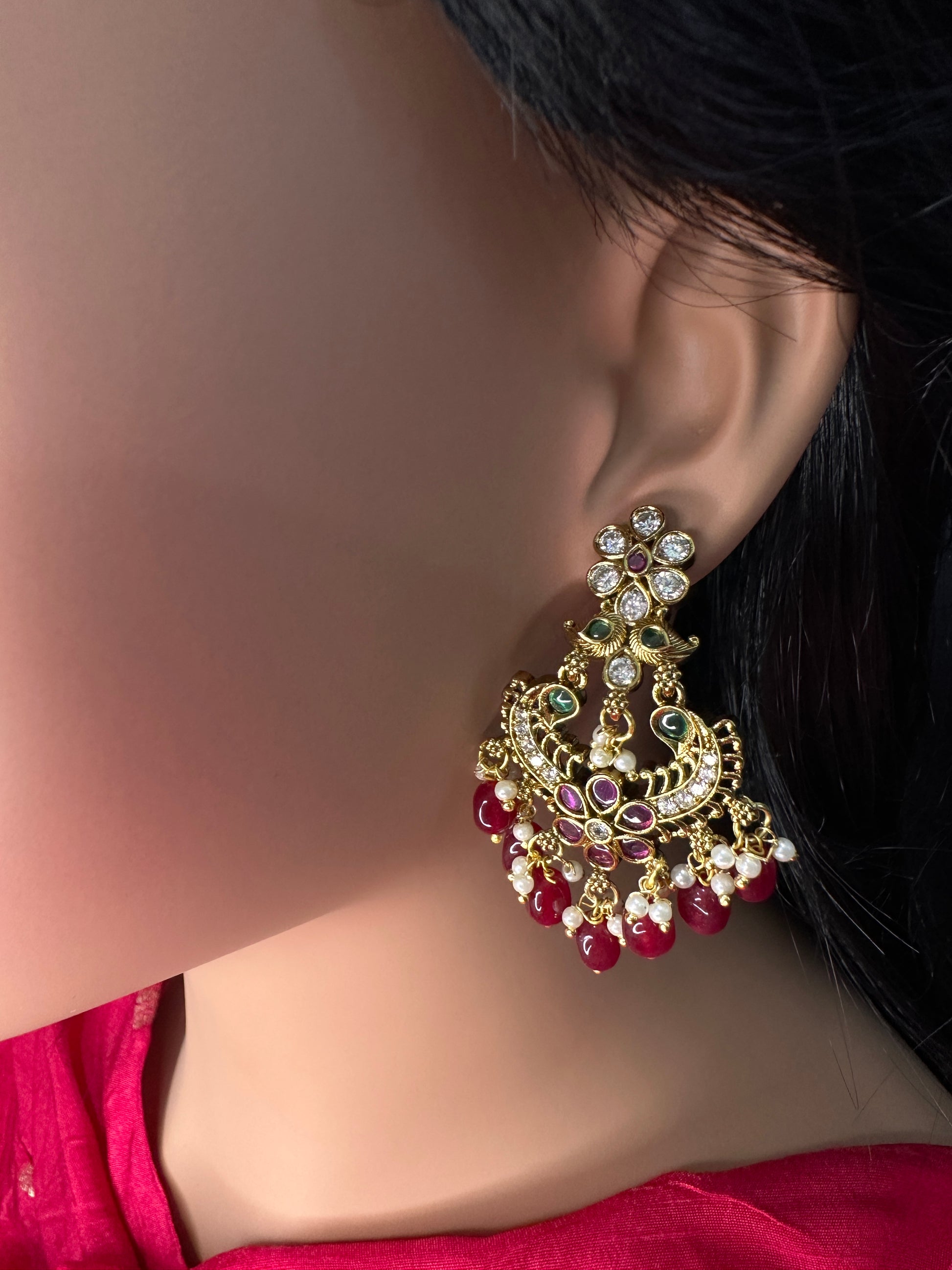 Matte CZ Red Traditional Chandballi Earrings - 