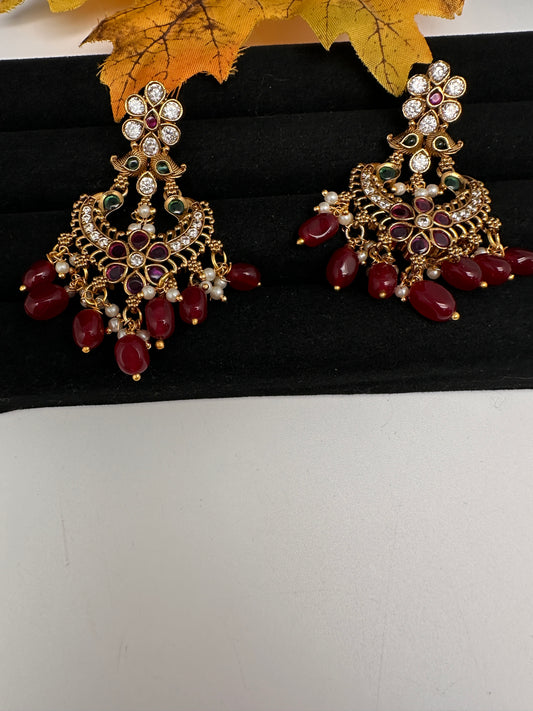 Matte CZ Red Traditional Chandballi Earrings - 