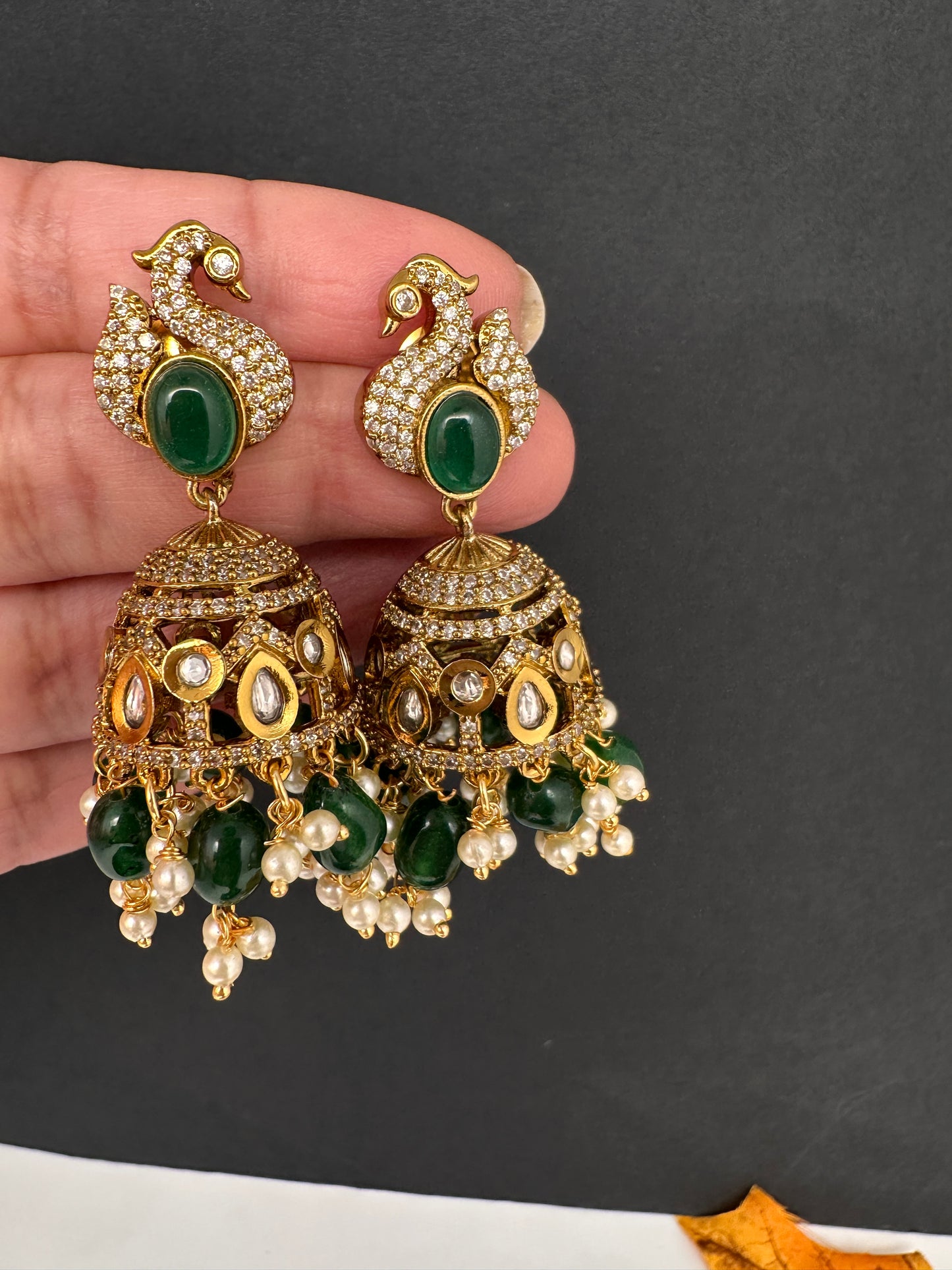 Kundan AD Peacock Beads Jhumkas - Green