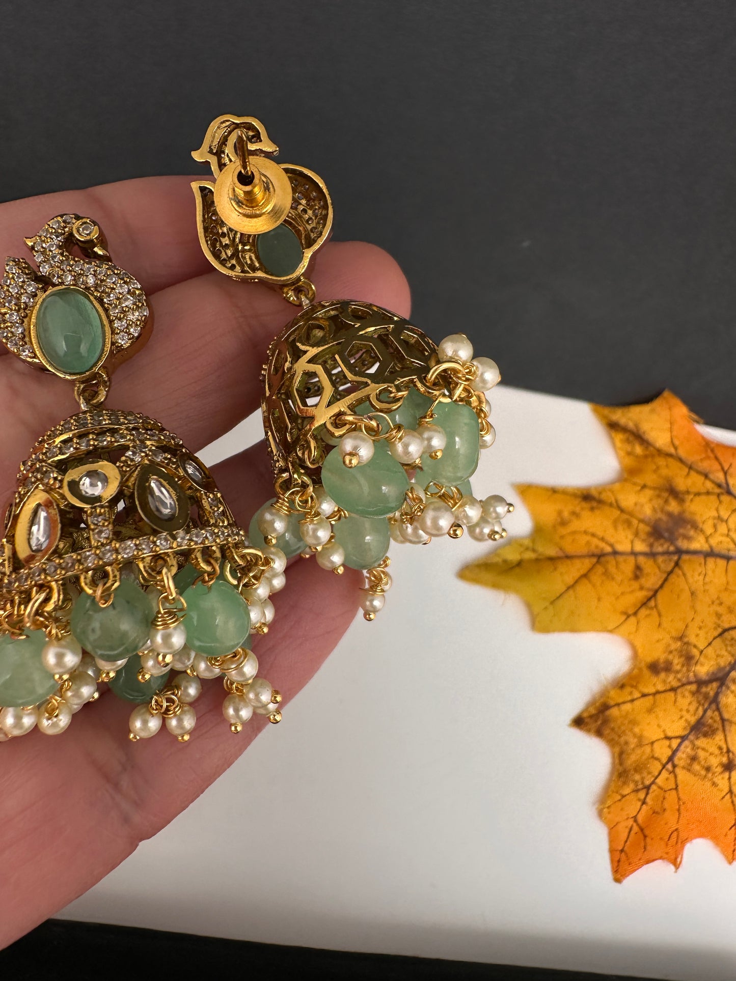 Kundan AD Peacock Beads Jhumkas - MintGreen