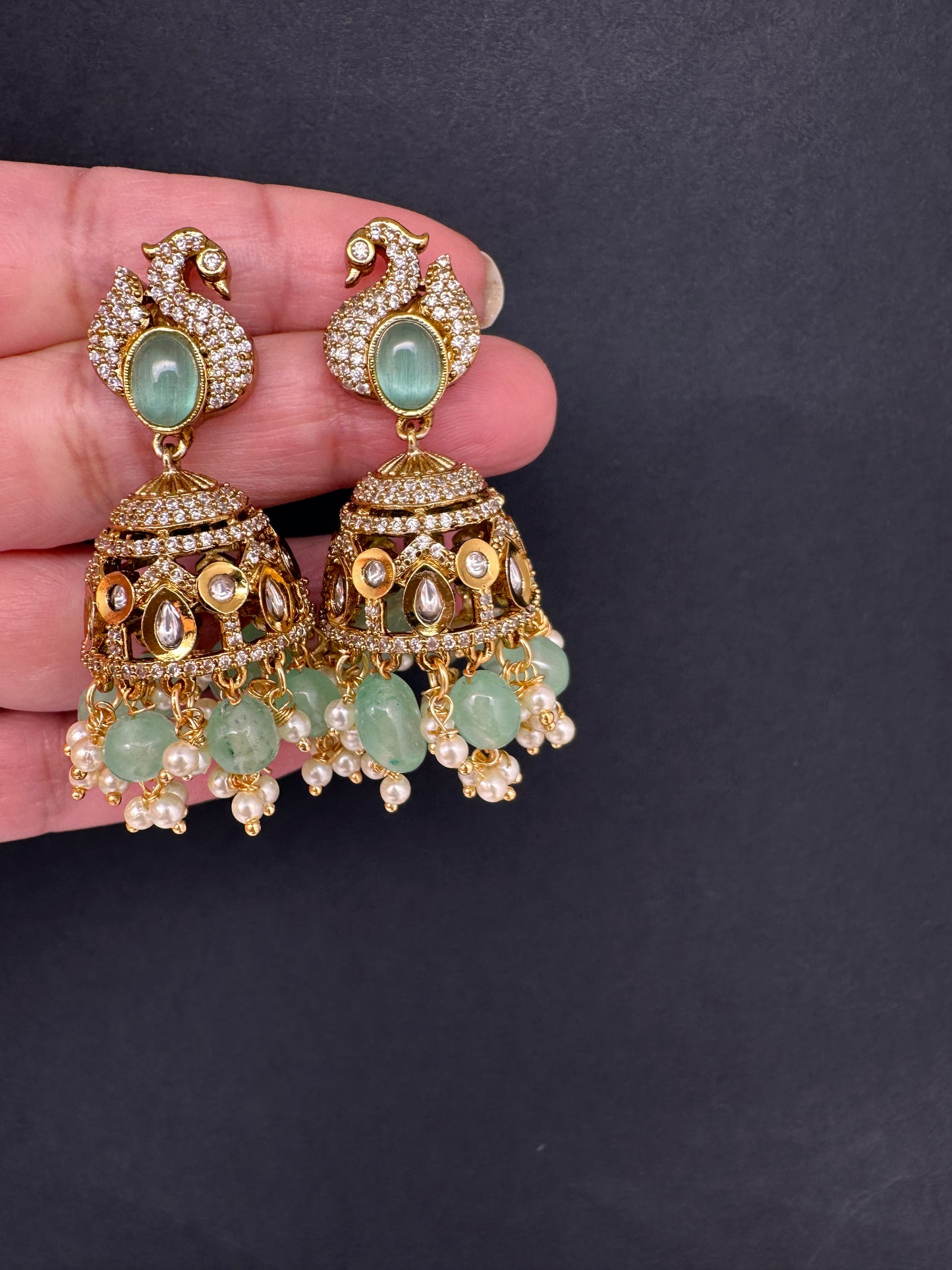 Kundan AD Peacock Beads Jhumkas - MintGreen