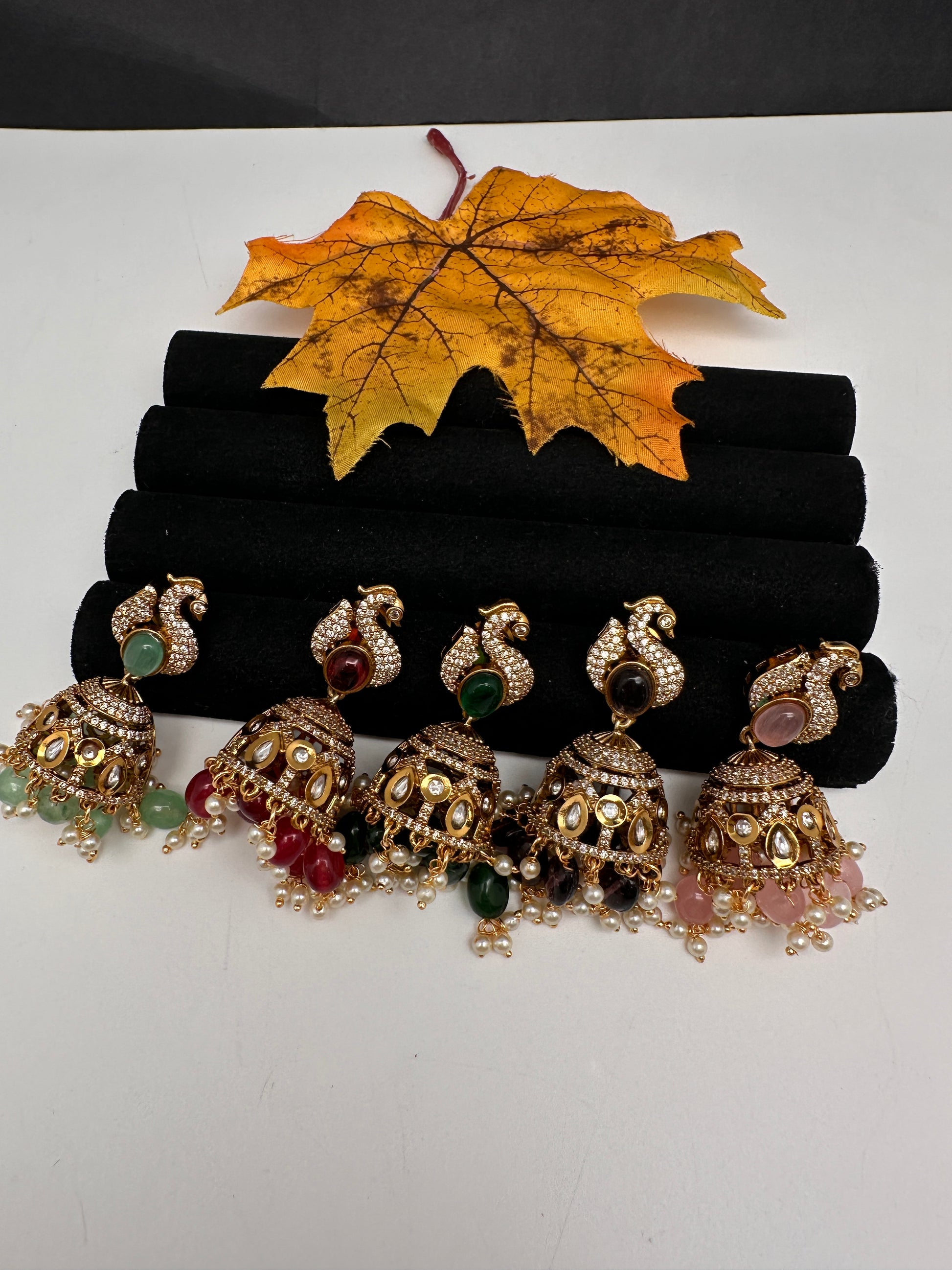 Kundan AD Peacock Beads Jhumkas - Pink
