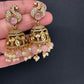 Kundan AD Peacock Beads Jhumkas - Pink