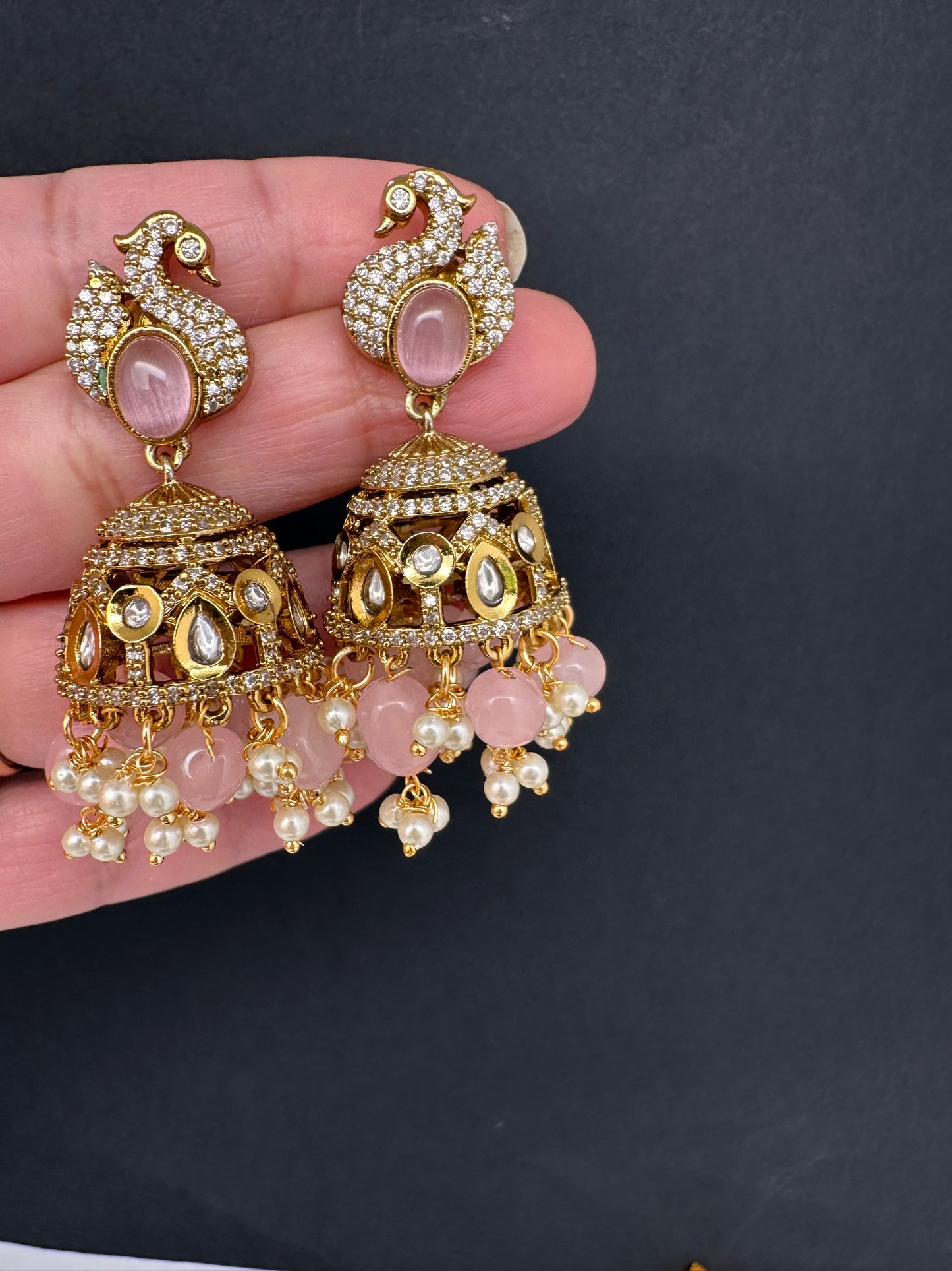 Kundan AD Peacock Beads Jhumkas - Pink