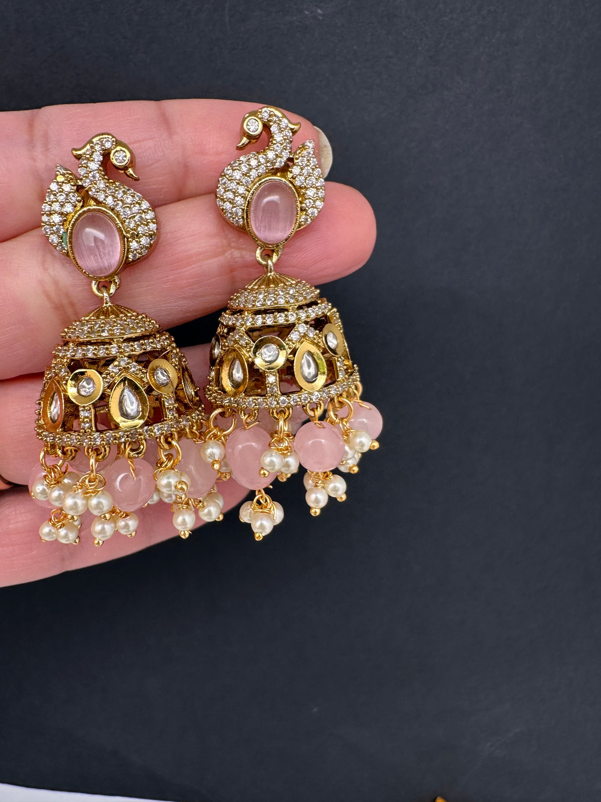 Kundan AD Peacock Beads Jhumkas - Pink