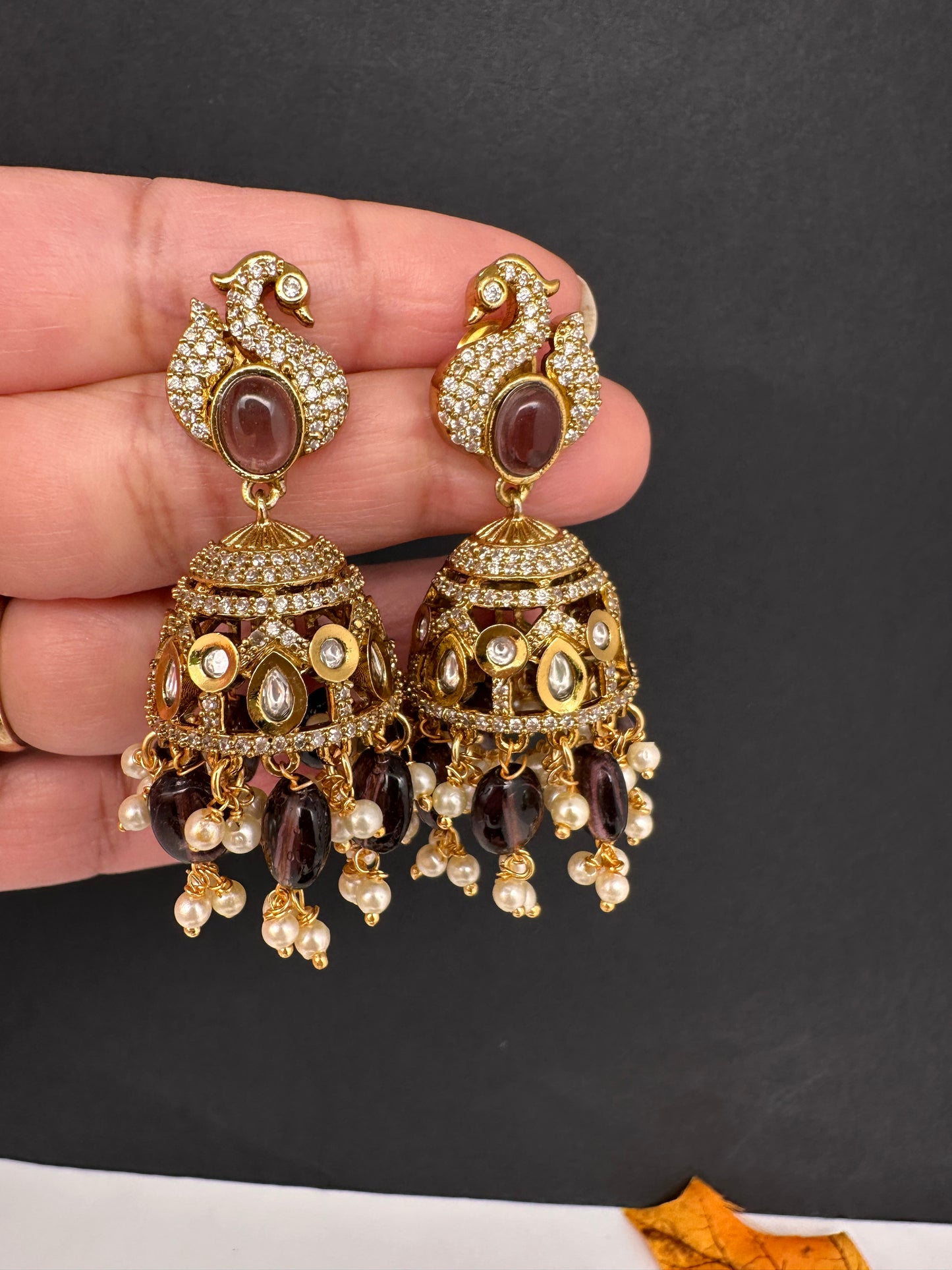 Kundan AD Peacock Beads Jhumkas - Purple