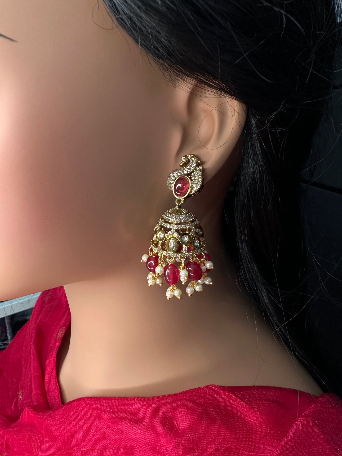 Kundan AD Peacock Beads Jhumkas - Red