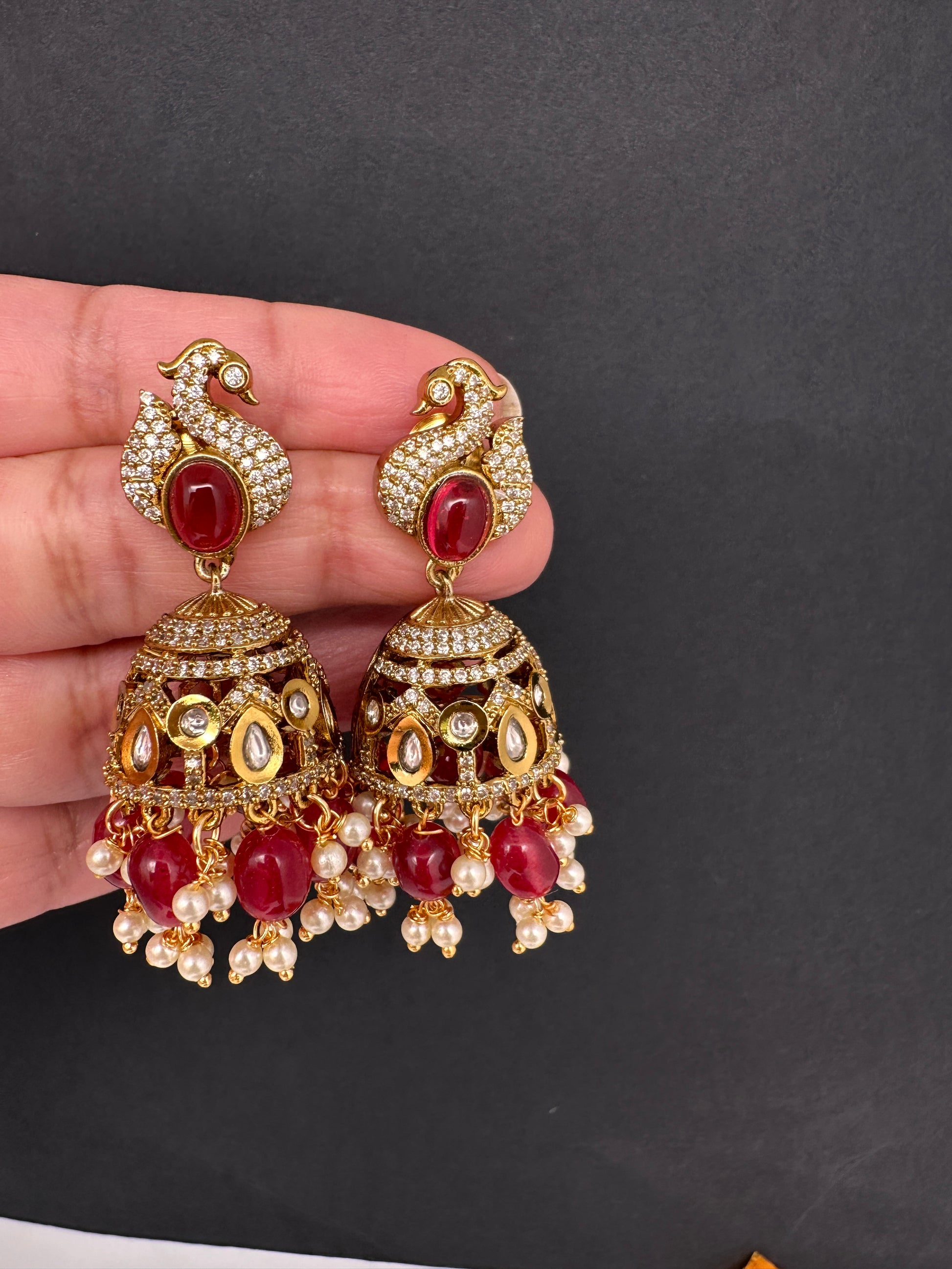 Kundan AD Peacock Beads Jhumkas - Red