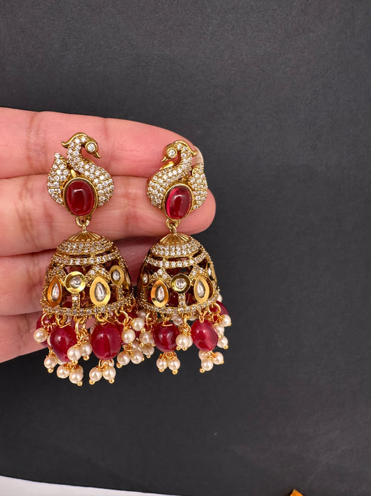Kundan AD Peacock Beads Jhumkas - Red