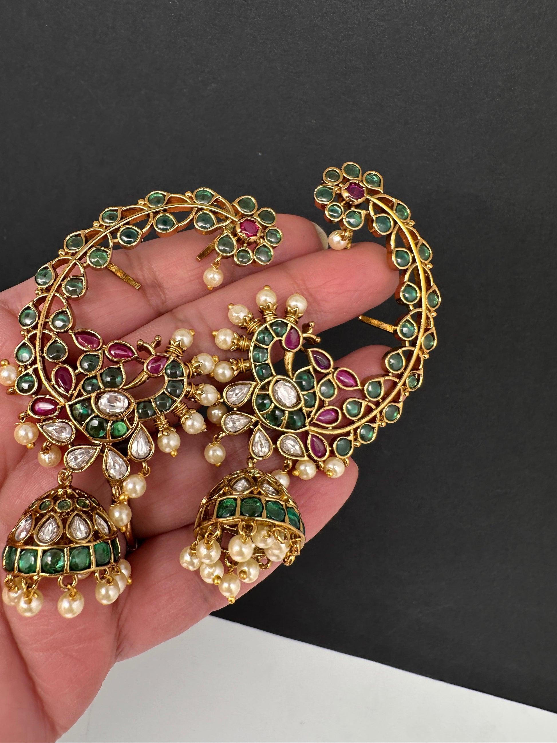Matte Peacock Multi Color Kemp CZ  Jhumka Ear Cuffs - 