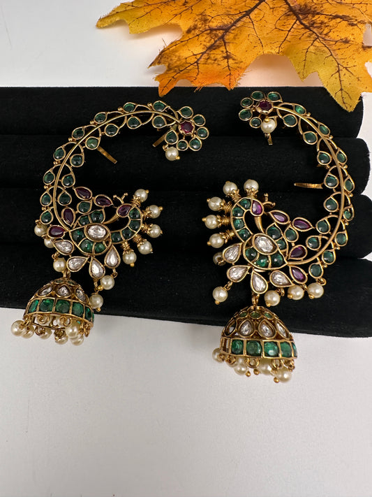 Matte Peacock Multi Color Kemp CZ  Jhumka Ear Cuffs - 