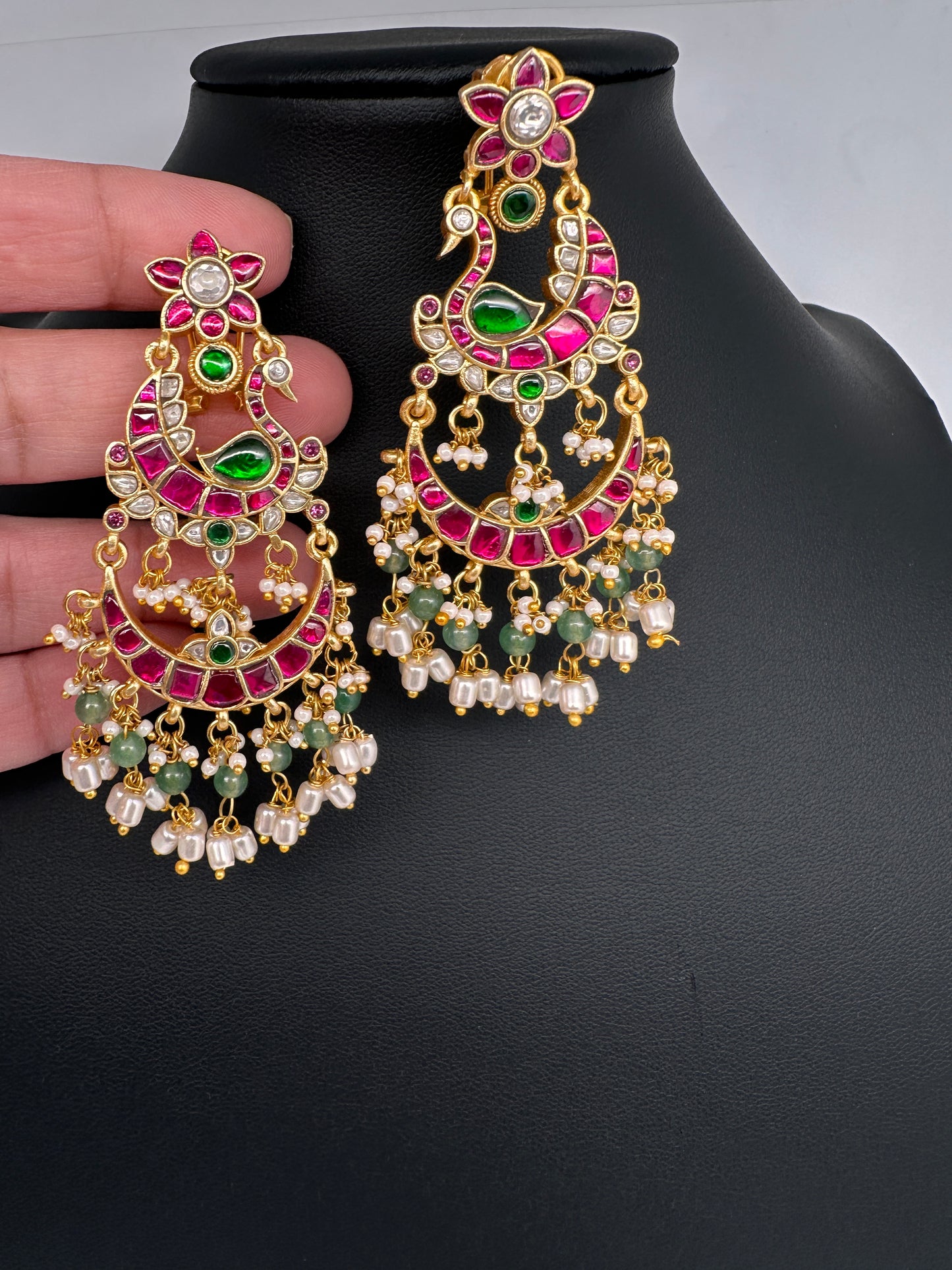 Jadau Kundan Peacock Chandballi Earrings - 