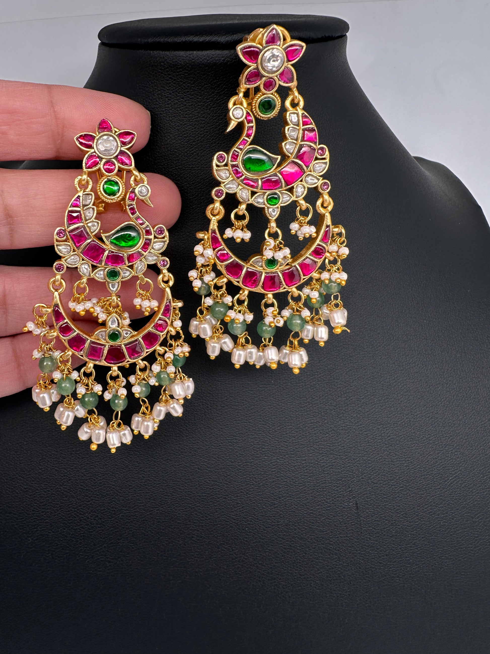 Jadau Kundan Peacock Chandballi Earrings - 