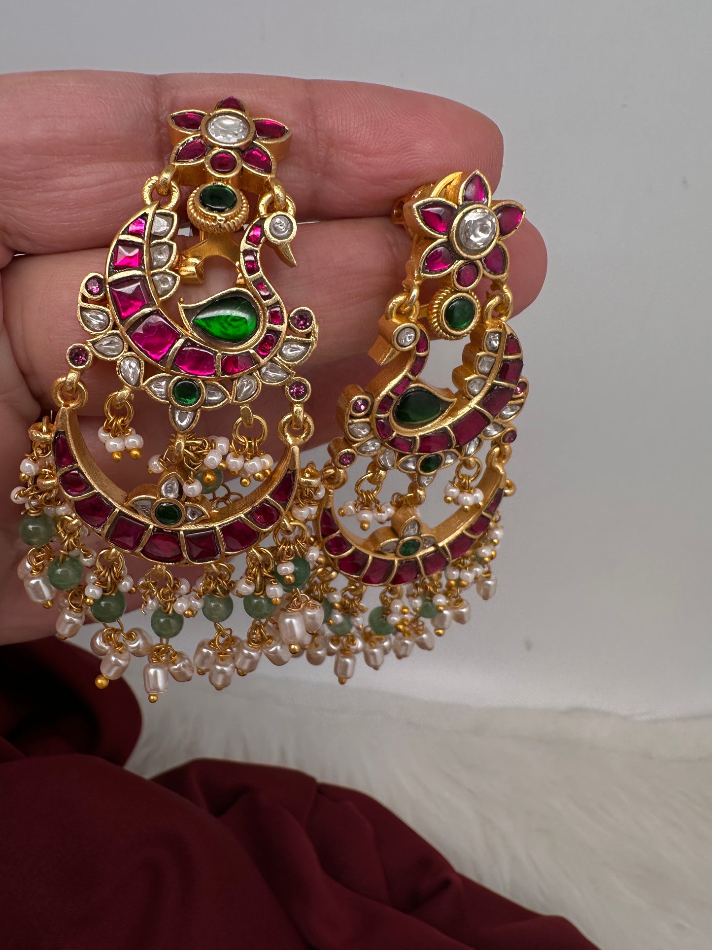 Jadau Kundan Peacock Chandballi Earrings - 