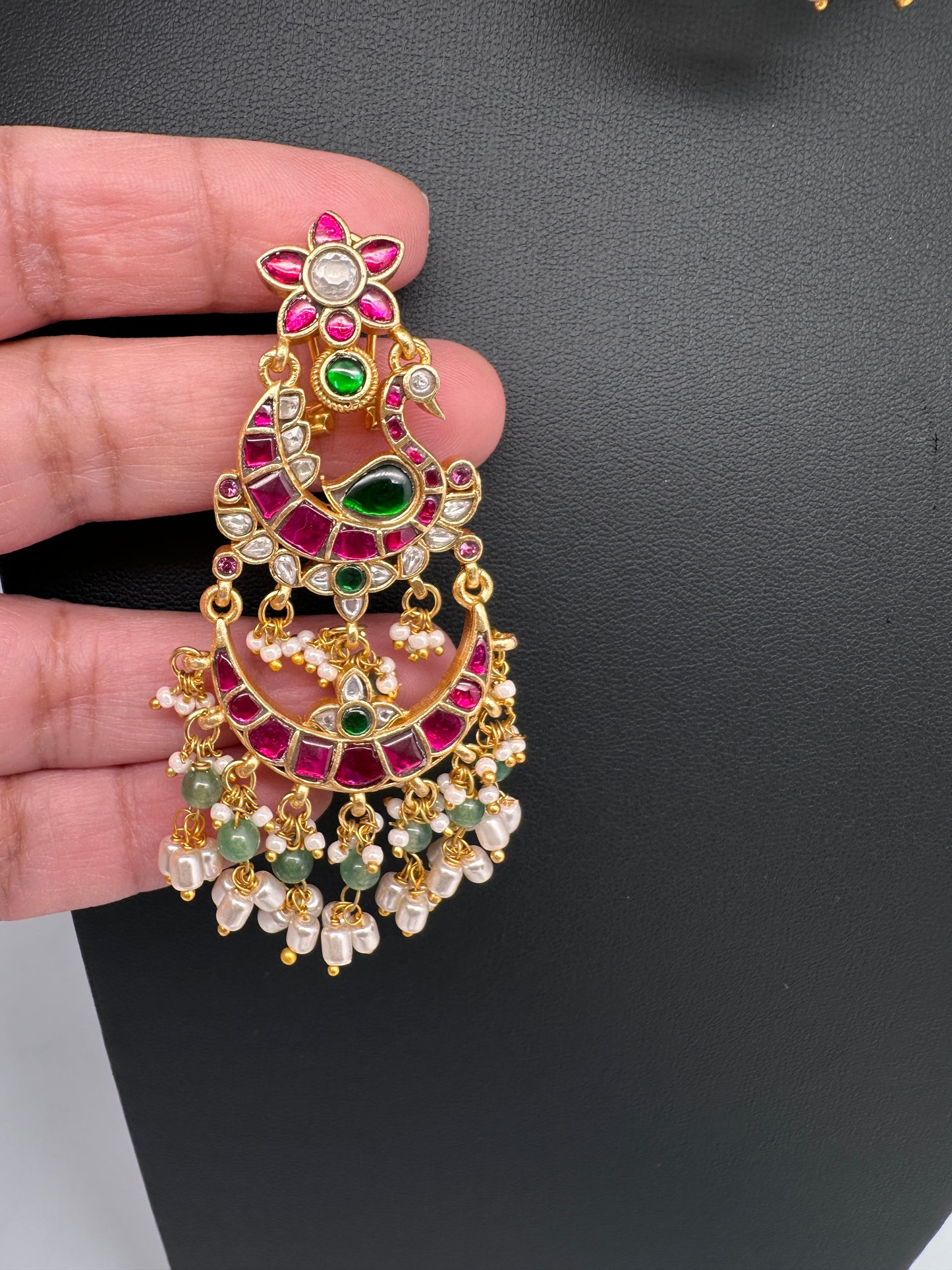 Jadau Kundan Peacock Chandballi Earrings - 