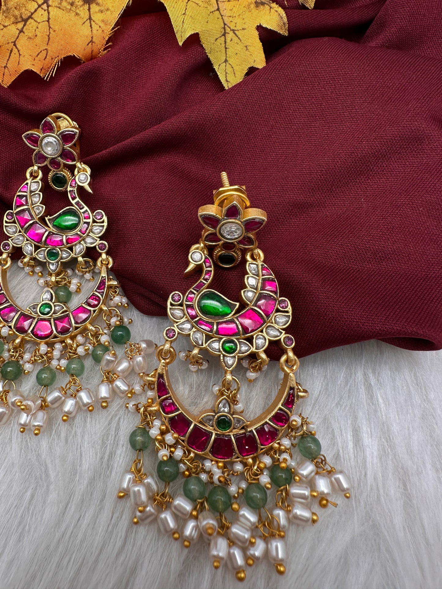 Jadau Kundan Peacock Chandballi Earrings - 