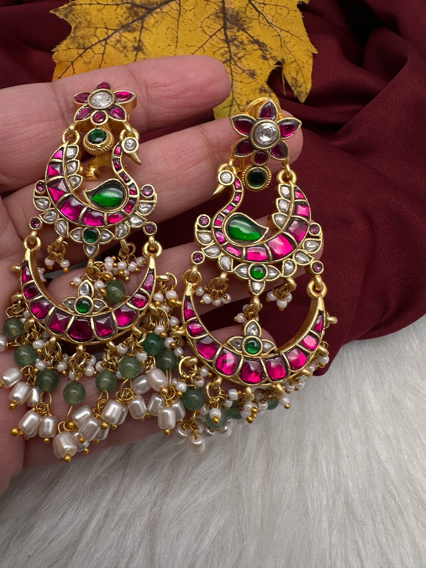 Jadau Kundan Peacock Chandballi Earrings - 