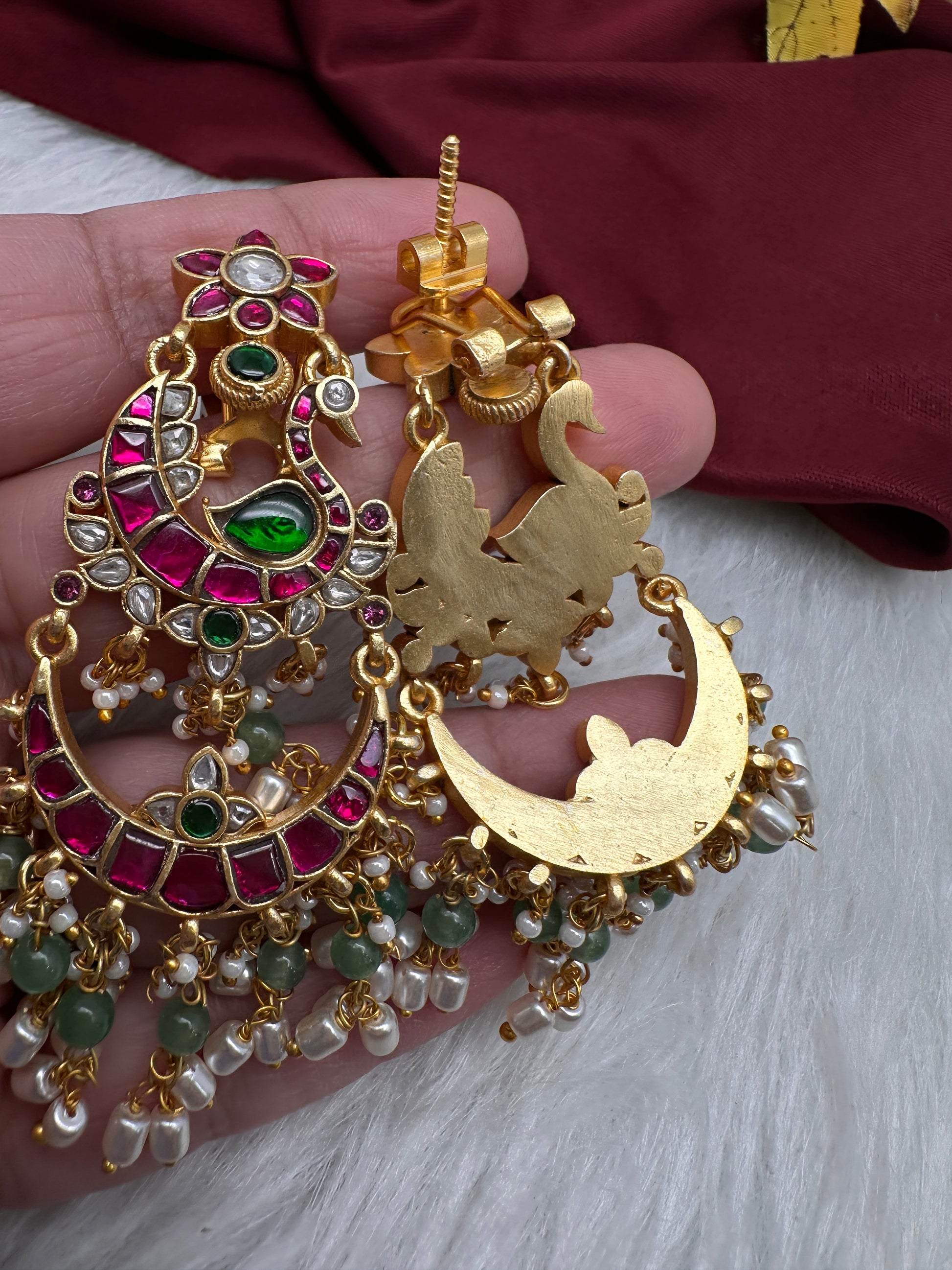 Jadau Kundan Peacock Chandballi Earrings - 