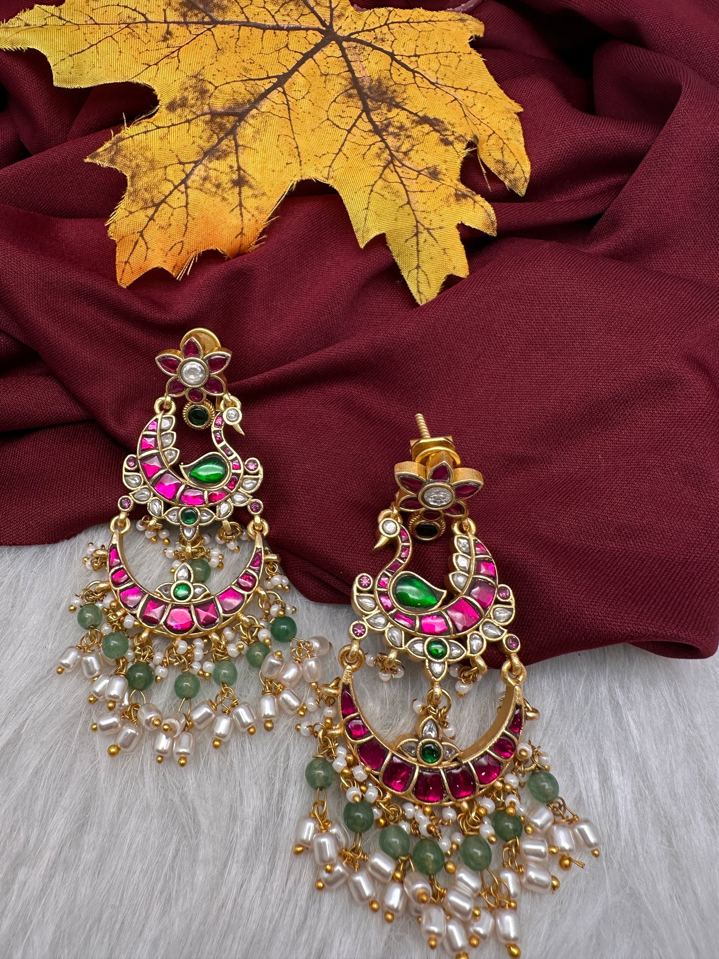 Jadau Kundan Peacock Chandballi Earrings - 