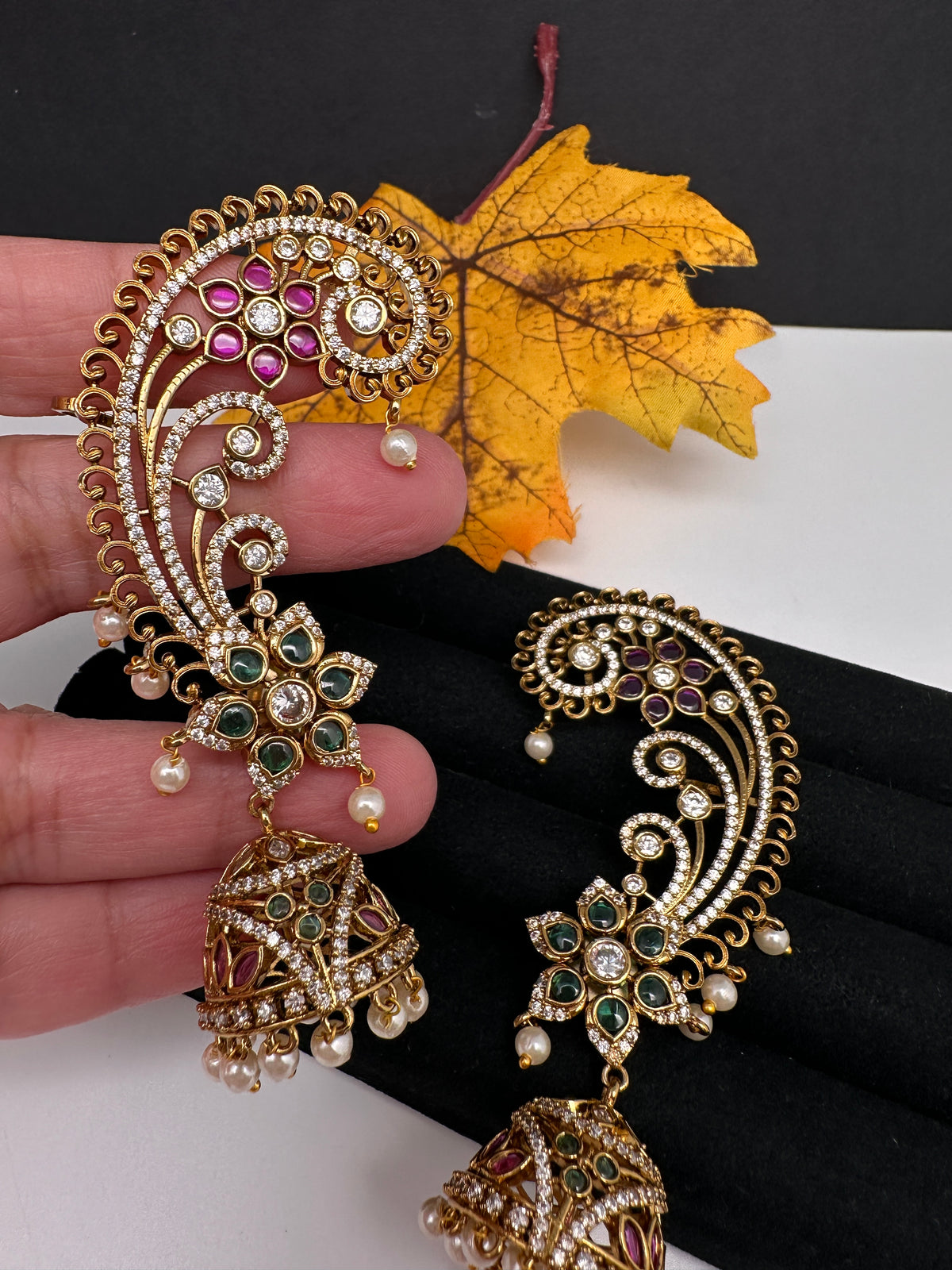 Matte CZ  Kemp Jhumka Ear Cuffs - Green