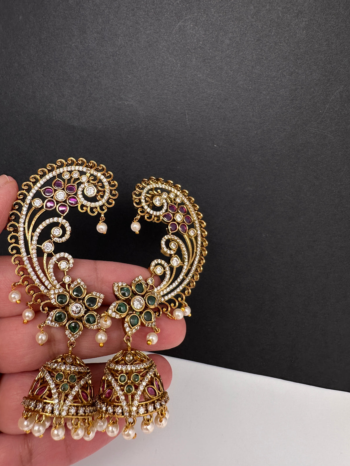 Matte CZ  Kemp Jhumka Ear Cuffs - Green