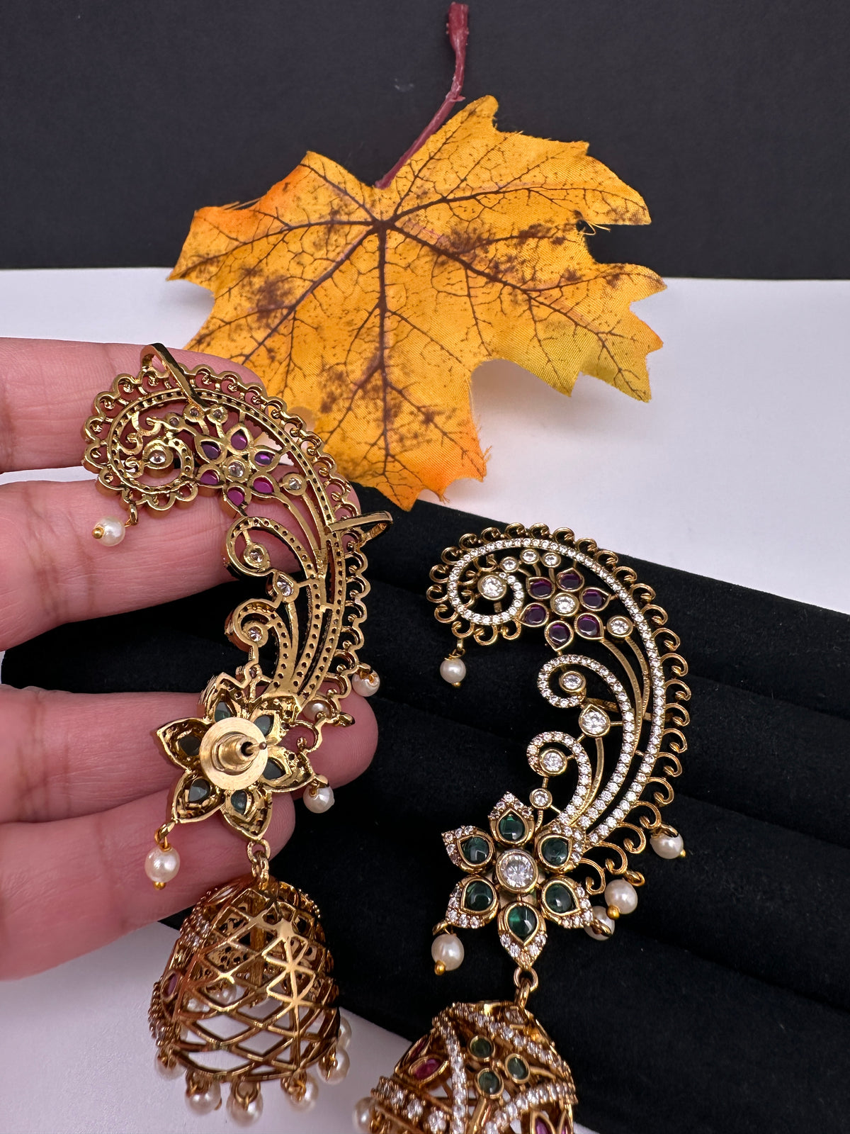 Matte CZ  Kemp Jhumka Ear Cuffs - Green