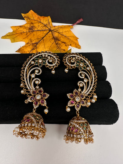 Matte CZ  Kemp Jhumka Ear Cuffs - Red