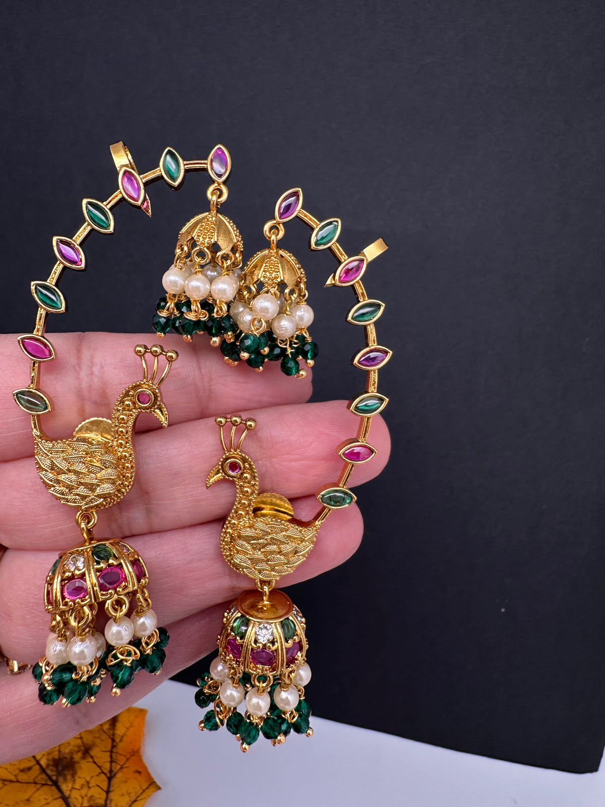 Matte CZ Peacock Jhumka Ear Cuffs - 