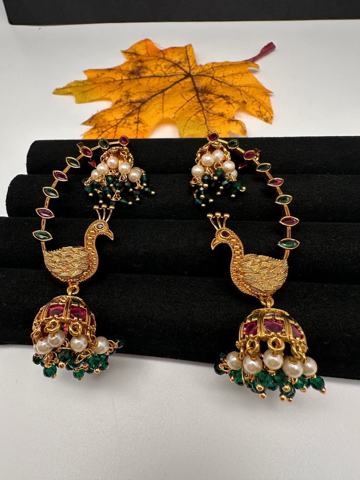 Matte CZ Peacock Jhumka Ear Cuffs - 