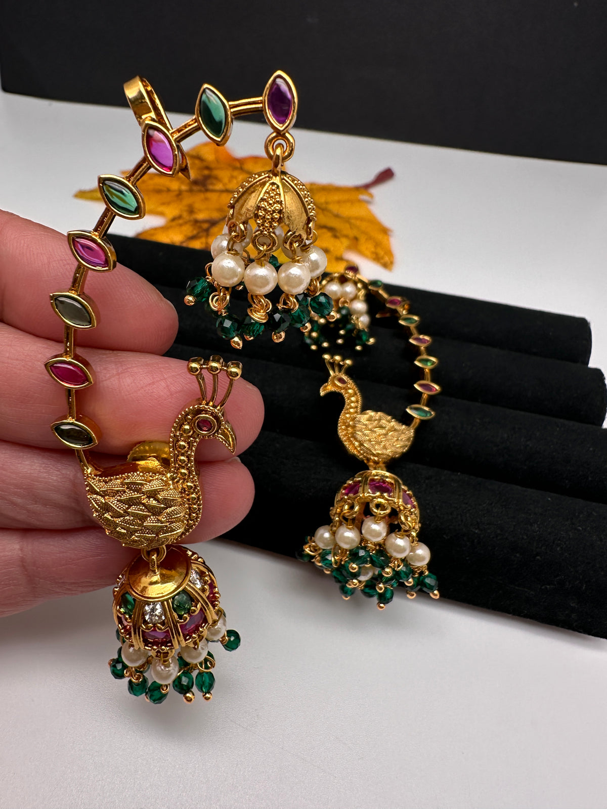 Matte CZ Peacock Jhumka Ear Cuffs - 
