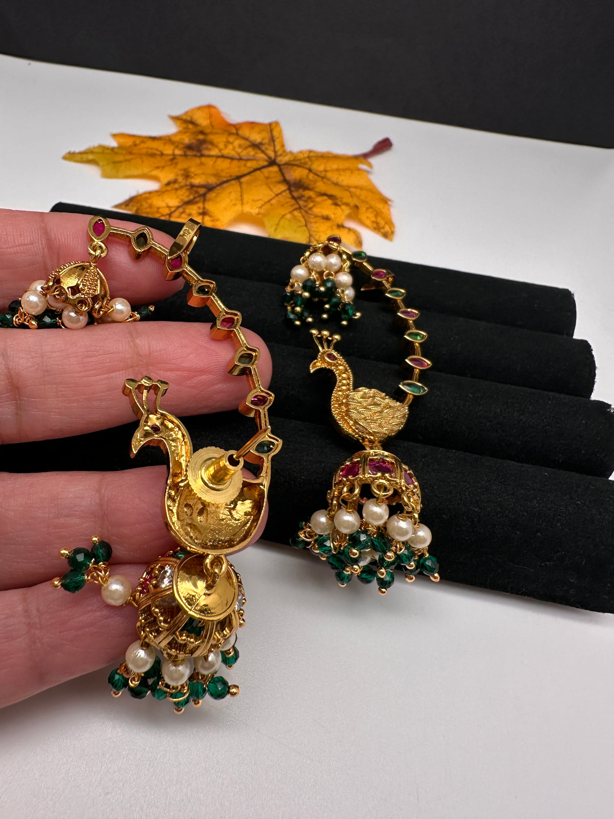 Matte CZ Peacock Jhumka Ear Cuffs - 