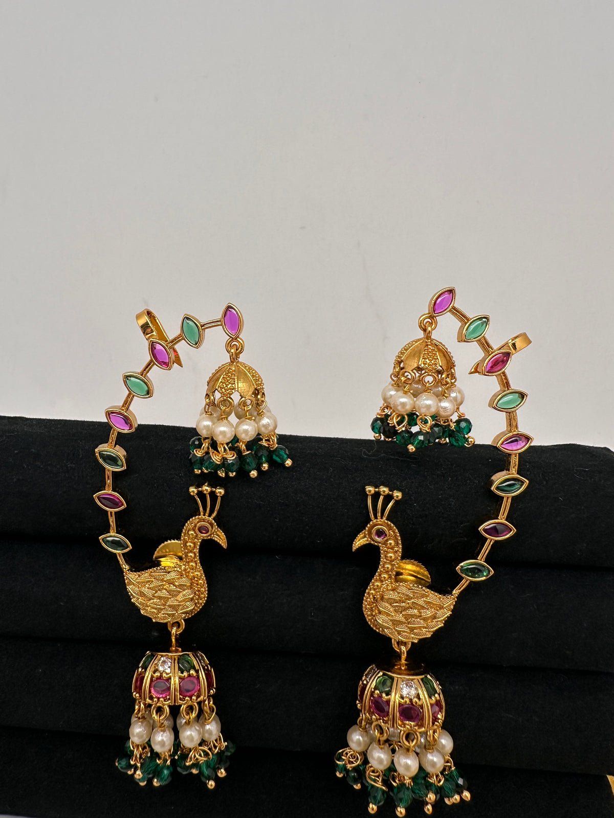 Matte CZ Peacock Jhumka Ear Cuffs - 