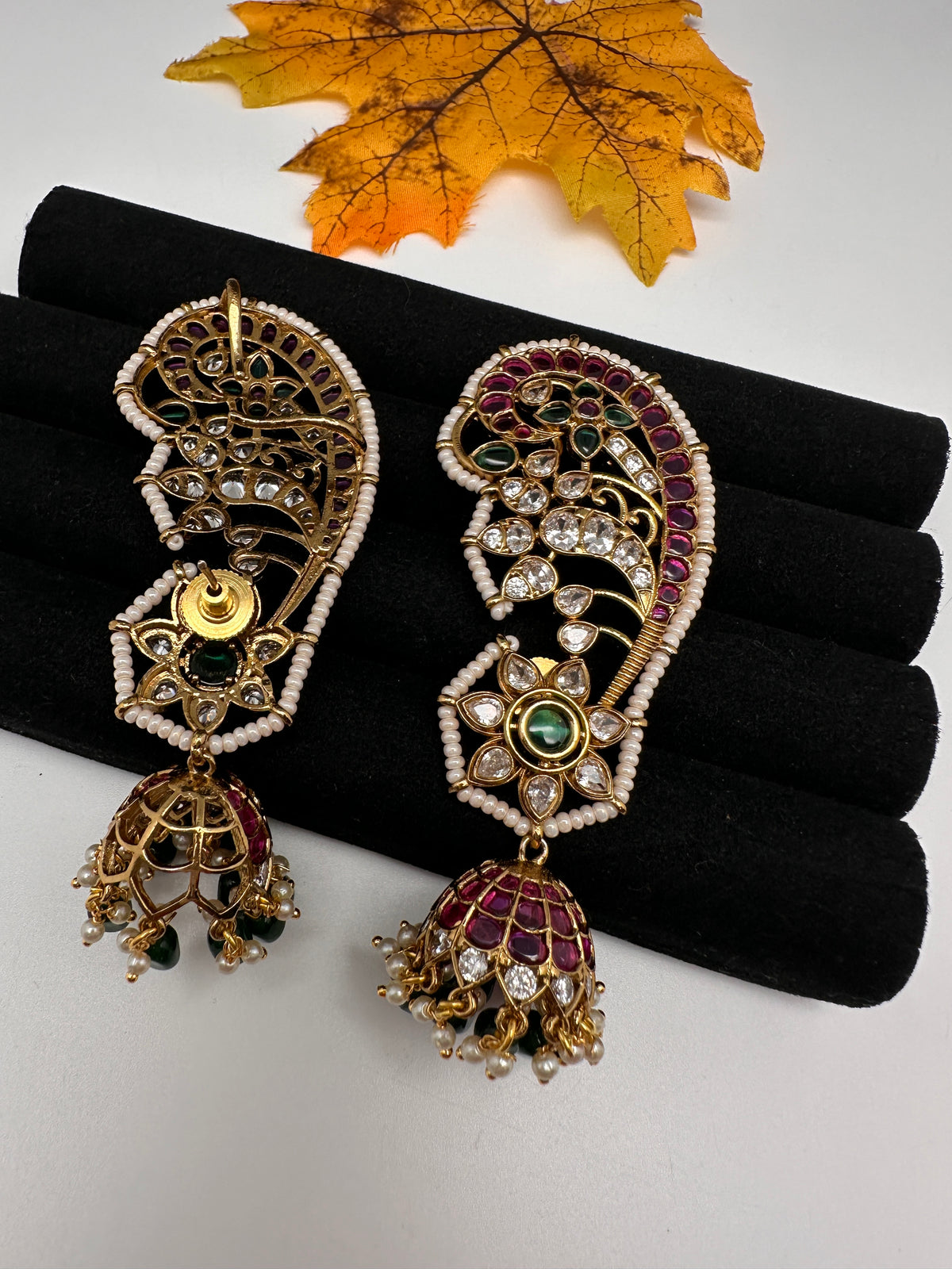 Matte CZ Floral Jhumka Ear Cuffs - 
