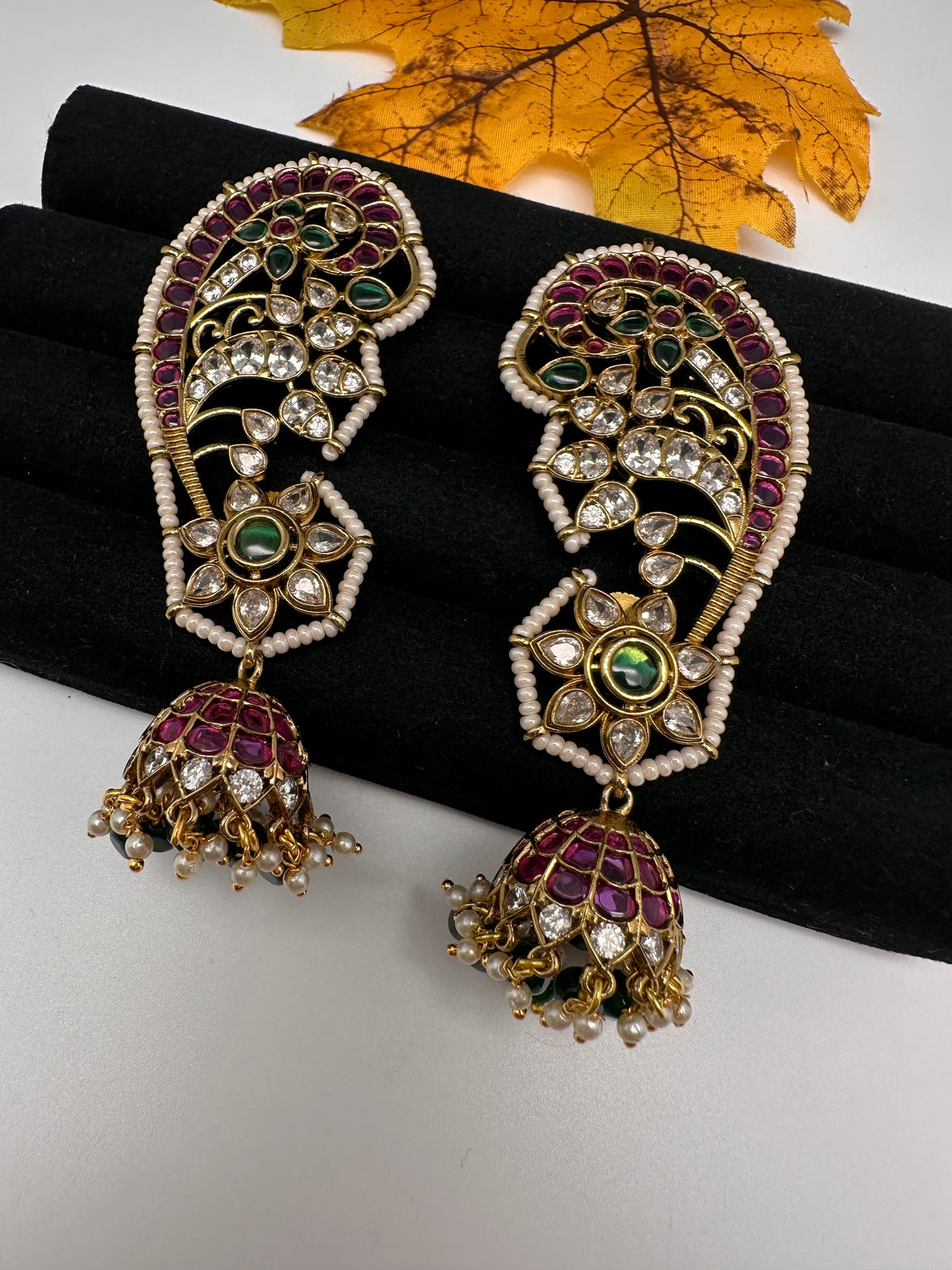 Matte CZ Floral Jhumka Ear Cuffs - 
