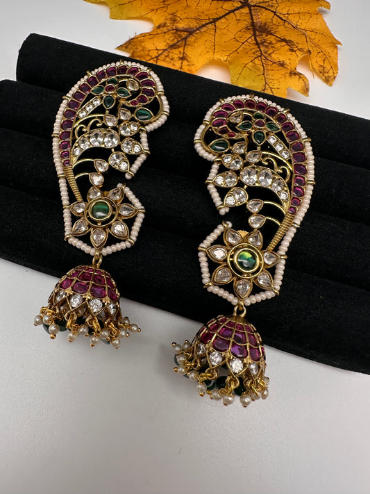 Matte CZ Floral Jhumka Ear Cuffs - 