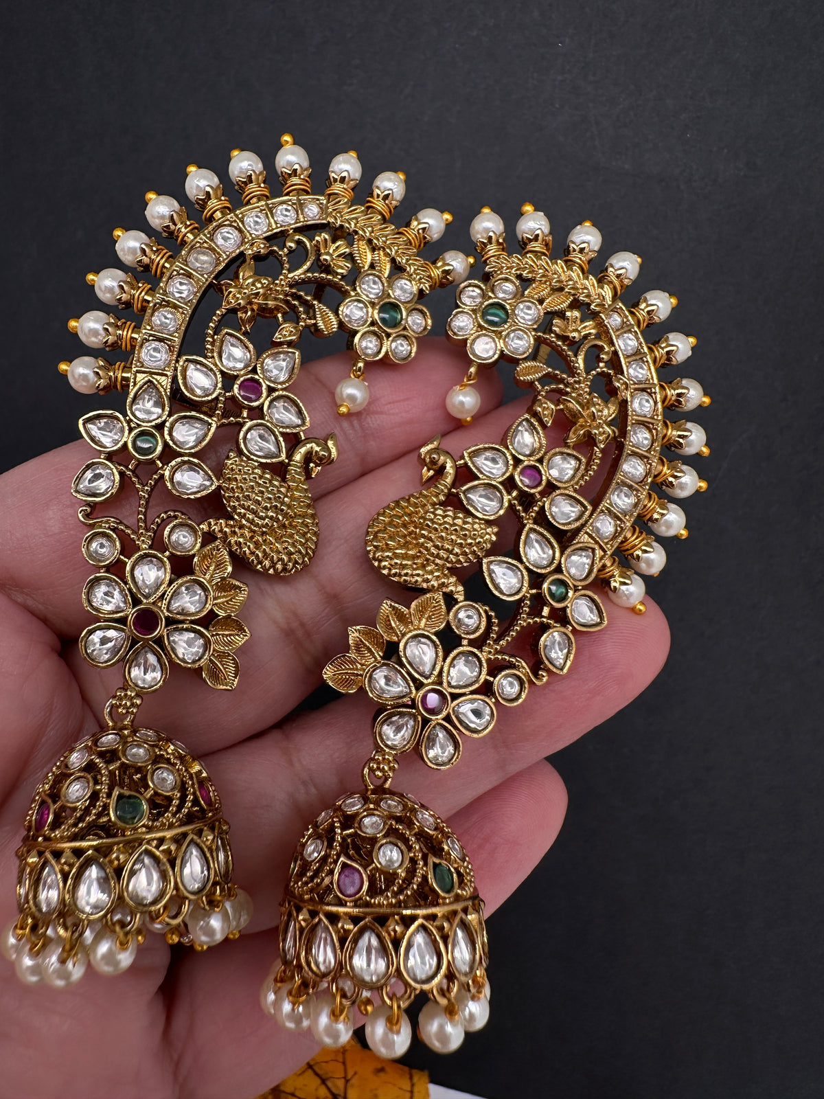 Matte CZ Peacock Jhumka Ear Cuffs - 