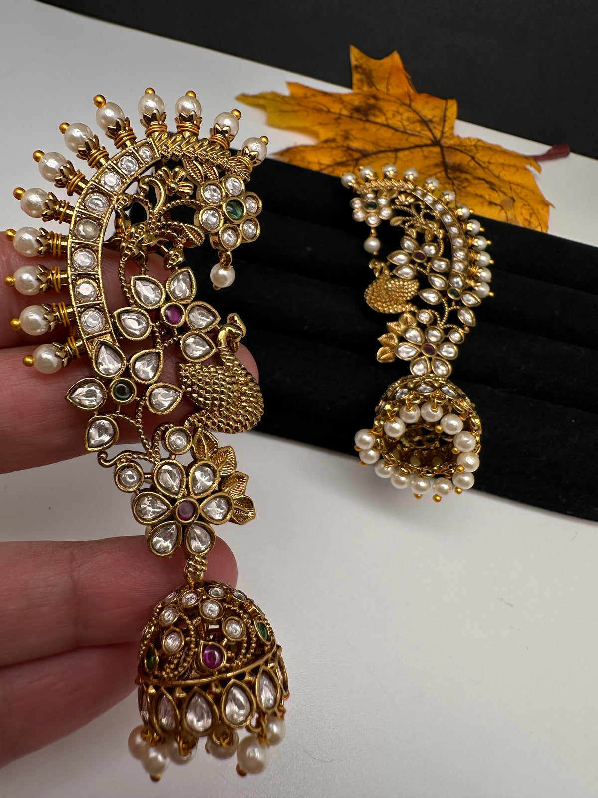 Matte CZ Peacock Jhumka Ear Cuffs - 