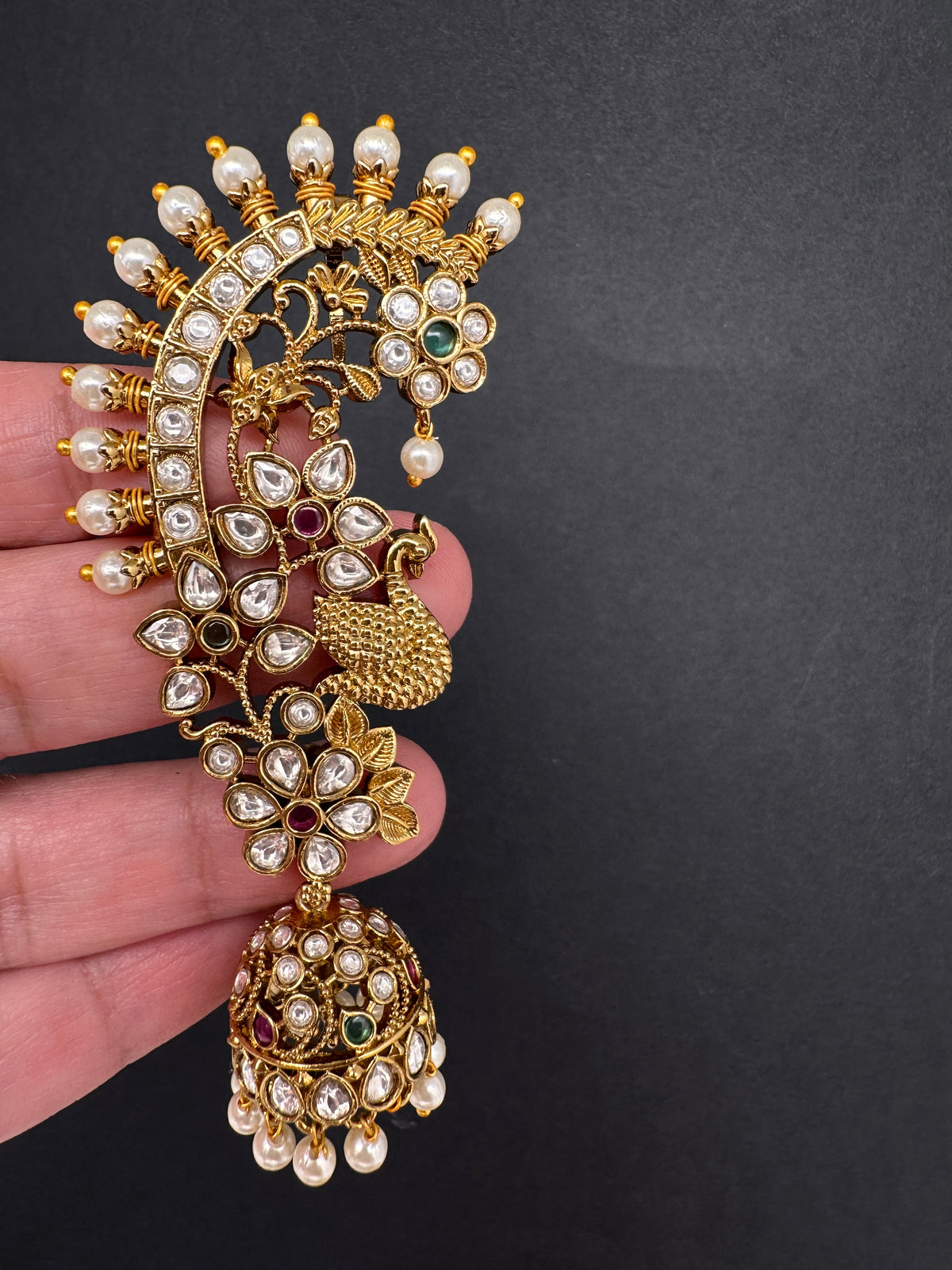 Matte CZ Peacock Jhumka Ear Cuffs - 