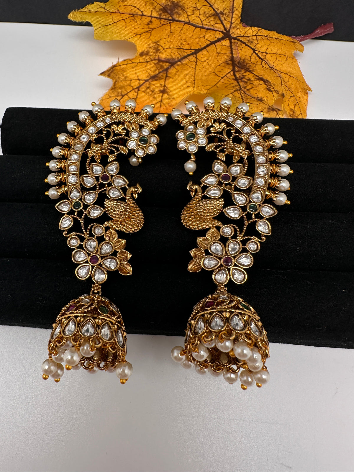 Matte CZ Peacock Jhumka Ear Cuffs - 