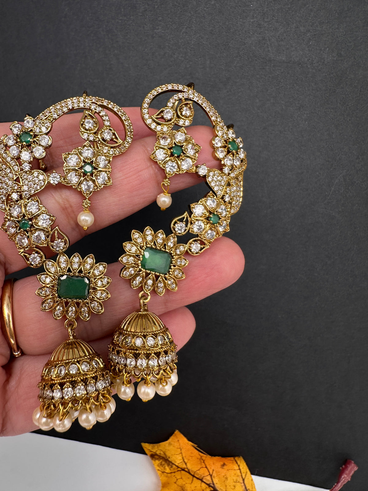 Matte CZ Green Jhumka Ear Cuff - 