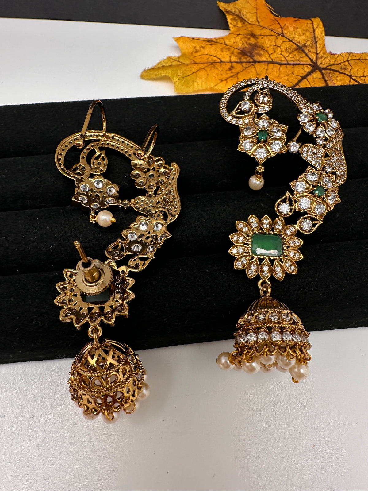 Matte CZ Green Jhumka Ear Cuff - 