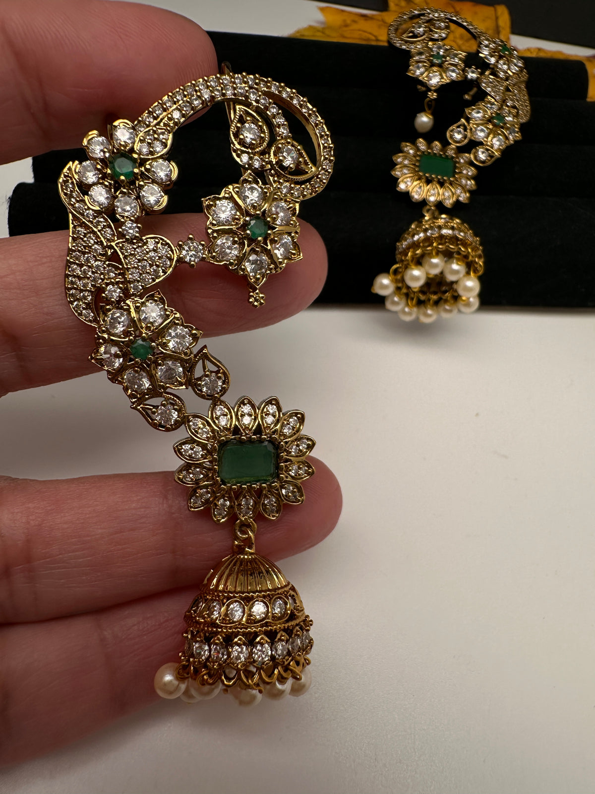 Matte CZ Green Jhumka Ear Cuff - 