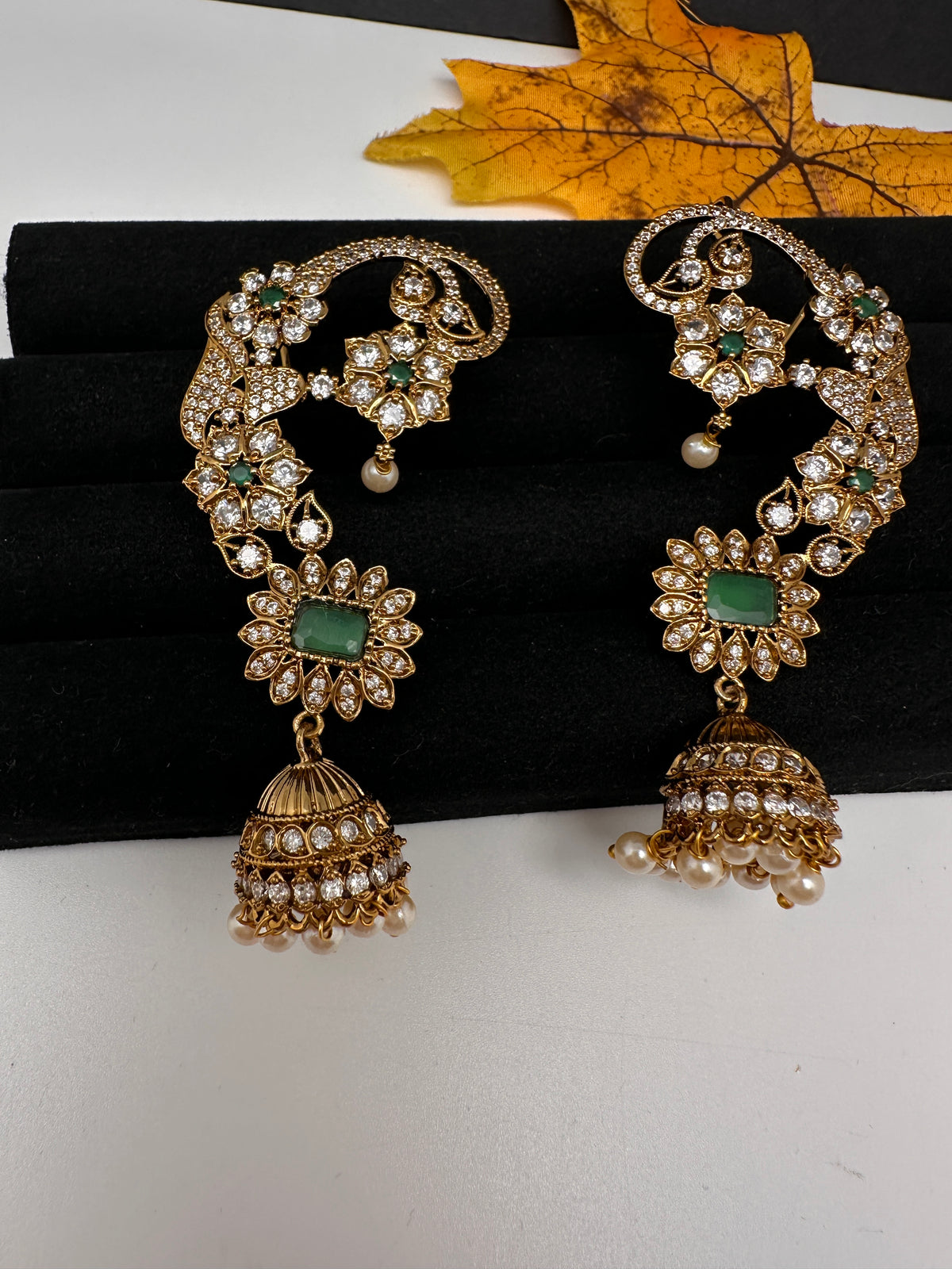 Matte CZ Green Jhumka Ear Cuff - 