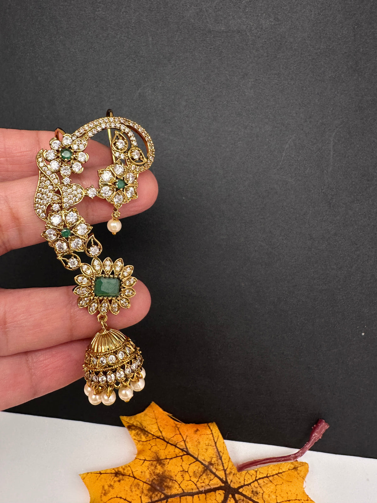 Matte CZ Green Jhumka Ear Cuff - 