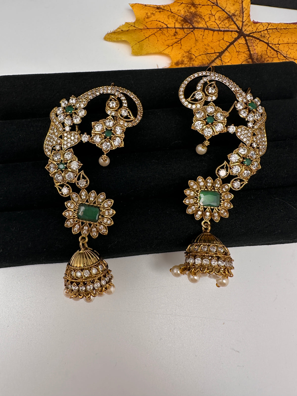 Matte CZ Green Jhumka Ear Cuff - 