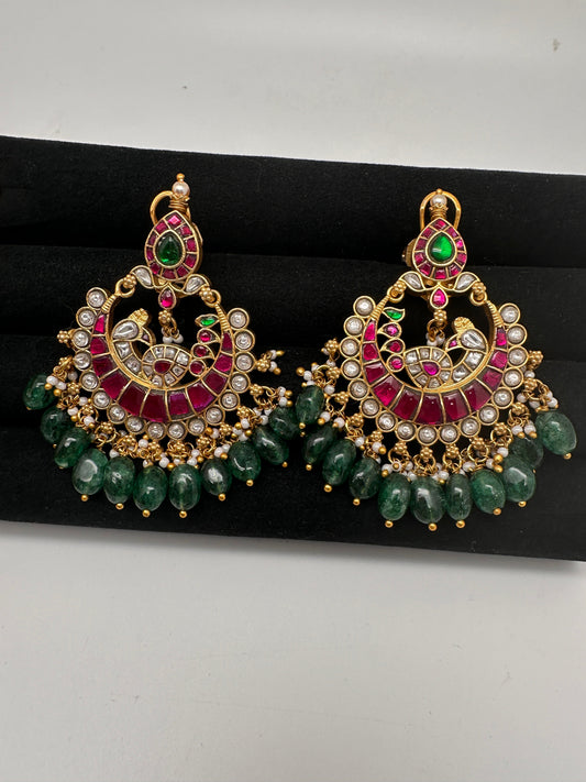 Jadau Kundan chandbali earrings with pearls and green beads