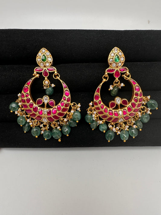 Jadau Kundan chandbali earrings with pearls and green beads